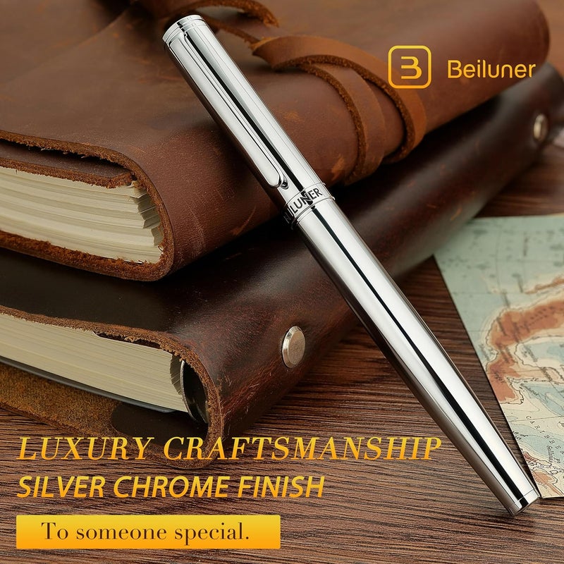 BEILUNER قلم رولربول فضي فاخر، تشطيب فضي لامع مذهل، تصاميم نبيلة وأنيقة، إعادة تعبئة حبر شنايدر، أفضل قلم هدية للرجال والنساء، محترف، مكتبي تنفيذي، أقلام فاخرة - Image 4
